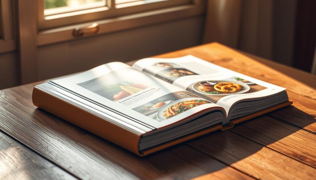 A beautifully crafted hardcover cookbook with a glossy dust jacket, resting on a wooden table bathed in warm, natural lighting. The cover features a vibrant illustration of fresh, colorful ingredients like fruits, vegetables, and herbs. The pages inside are filled with mouthwatering photographs of healthy, delicious recipes presented in a clean, elegant layout. The overall aesthetic conveys a sense of warmth, wellness, and culinary expertise, inviting the viewer to explore a collection of nutritious and flavorful meal ideas.