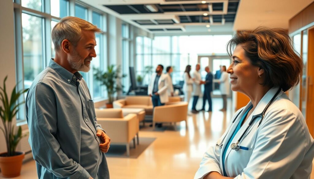 A bright, modern healthcare facility with a warm, welcoming atmosphere. In the foreground, a doctor attentively listens to a patient, their expressions conveying empathy and understanding. The middle ground showcases a spacious, inviting reception area with comfortable seating and natural light streaming through large windows. In the background, a team of healthcare professionals huddle around a computer screen, collaborating to provide comprehensive, personalized care. The overall scene exudes a sense of professionalism, compassion, and a deep commitment to patient-centered service.