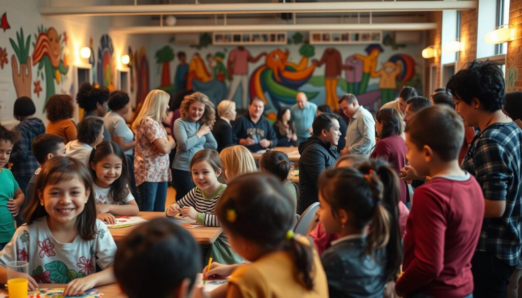 A bustling community hub with people of all ages and backgrounds engaged in a variety of enriching programs. In the foreground, a group of children joyfully participating in an arts and crafts activity, their faces alight with creativity. In the middle ground, adults gathered in a circle, deep in discussion, their body language conveying a sense of connection and shared purpose. In the background, a vibrant mural adorns the walls, celebrating the diversity and spirit of the community. The space is illuminated by warm, ambient lighting, fostering a welcoming and inclusive atmosphere. The overall scene conveys a strong sense of community, collaboration, and the power of shared experiences to bring people together.
