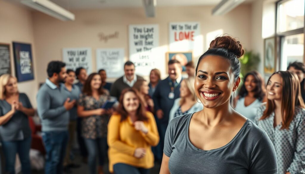 A bustling office space, filled with a diverse group of people celebrating their weight loss success. In the foreground, a smiling woman proudly displays her "before" and "after" photos, her radiant smile a testament to her transformation. In the middle ground, a group of men and women engage in lively conversation, their faces beaming with pride and confidence. The background is adorned with motivational quotes and inspirational artwork, creating a warm and uplifting atmosphere. Soft, natural lighting filters through the windows, casting a gentle glow on the scene. The overall composition conveys a sense of achievement, camaraderie, and the power of perseverance in the face of personal challenges.