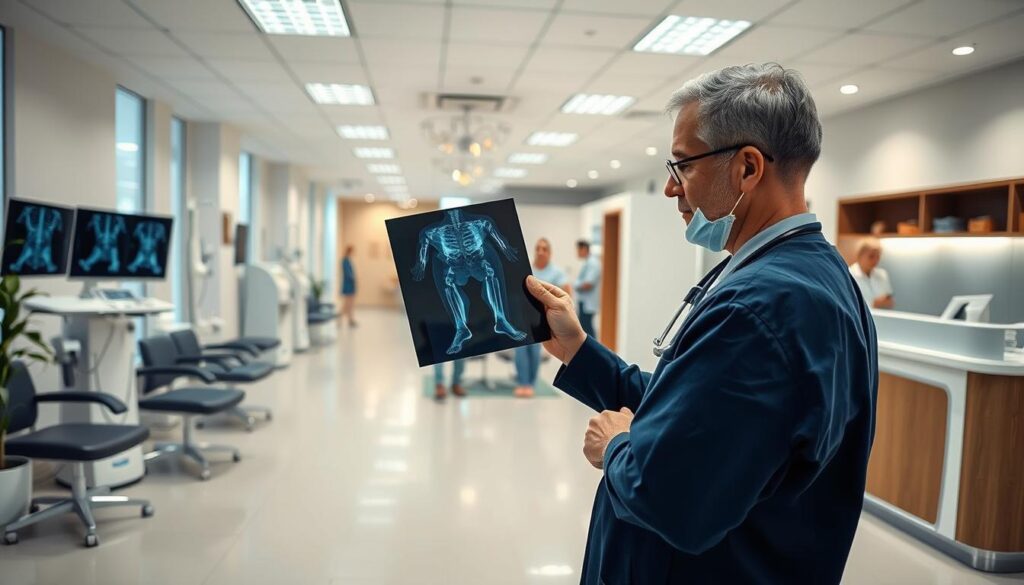 A bustling orthopedic clinic set in a modern, well-lit interior. In the foreground, a physician examines an x-ray, intently studying the details. Patients wait patiently in the middle ground, surrounded by state-of-the-art medical equipment and soothing decor. The background features a reception desk, with staff ready to assist. Soft, directional lighting casts a professional, caring atmosphere. The composition emphasizes the clinic's comprehensive approach to orthopedic care, blending advanced technology with personalized attention.