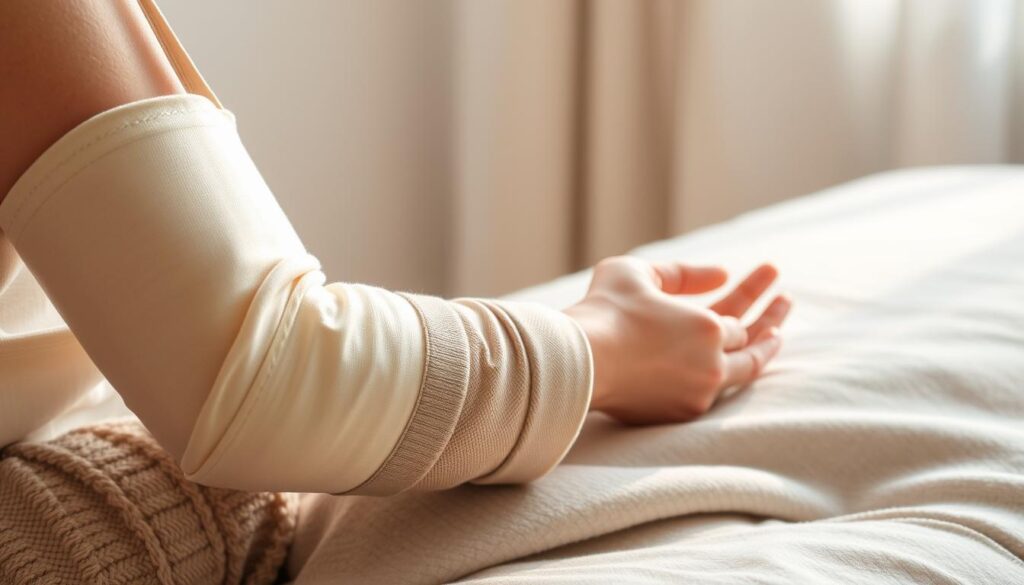 A calming, serene image of a person's arm in a sling, showcasing the recovery process of an AC joint sprain. The foreground features the arm, wrapped in a soft, supportive bandage, resting gently on a plush, neutral-toned fabric. The middle ground depicts the person's hand, fingers slightly flexed, indicating a gradual return to mobility. The background is blurred, creating a sense of focus on the healing process. Soft, natural lighting illuminates the scene, casting a warm, comforting glow. The overall mood is one of patience, care, and the gradual progression towards healing and recovery.