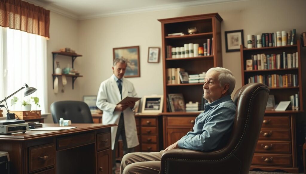 A classic doctor's office setting with a wooden desk, medical equipment, and a well-stocked bookshelf. In the foreground, a patient sits anxiously in a leather chair, while a kindly physician in a white lab coat consults a clipboard. Soft, warm lighting filters through the windows, creating a comforting atmosphere. The room exudes a sense of tradition, with the physician's decades of experience and the tried-and-true allergy remedies visible on the shelves. This is a scene of trusted, time-honored allergy treatment, where the patient finds relief through the expertise and care of a seasoned medical professional.