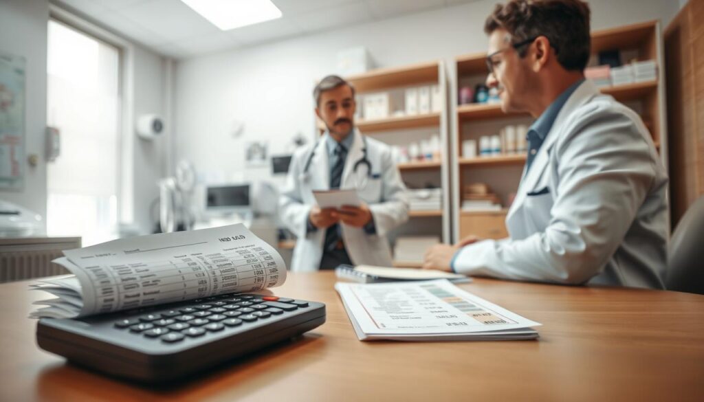 A clean, well-lit medical office with a desk in the foreground displaying bills, insurance documents, and a calculator. In the middle ground, a doctor in a white coat is explaining costs and coverage options to a patient. The background features medical equipment and shelves of supplies, creating a professional, authoritative atmosphere. Warm, neutral tones throughout, conveying a sense of trust and expertise in handling the financial aspects of allergy testing. Crisp, detailed textures and lighting to bring the scene to life.