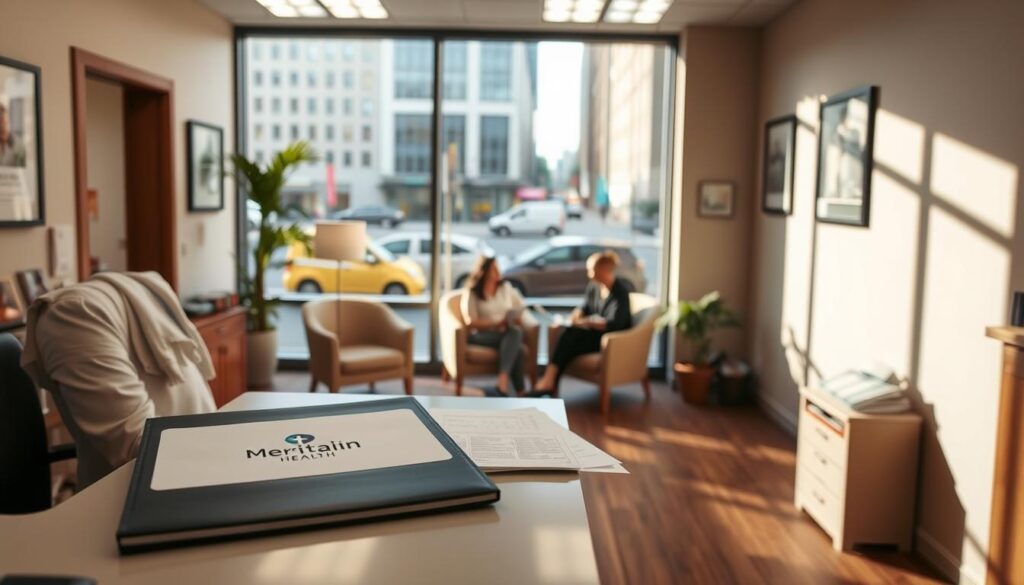 A clear, well-lit medical office interior with a receptionist's desk in the foreground. On the desk, a folder with the "Meritain Health" logo and various documents and forms. In the middle ground, people sitting in comfortable chairs, reviewing health plan materials. The background features a large window overlooking a bustling city street, conveying a sense of professionalism and accessibility. Warm, neutral tones throughout, with subtle healthcare-related accents. The overall mood is one of trust, reliability, and information-gathering around eligibility for the Meritain Health plan.