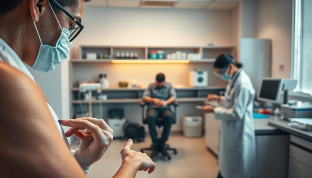 A clinical laboratory setting with various allergy testing equipment and procedures. In the foreground, a medical professional administers a skin prick test, with the patient's arm exposed. In the middle ground, an individual undergoes a blood draw for an IgE test, while in the background, a technician prepares samples for an elimination diet test. Soft, warm lighting illuminates the scene, creating a professional and reassuring atmosphere. The composition captures the different types of allergy tests, from skin to blood to dietary, showcasing the comprehensive approach to identifying allergic reactions.