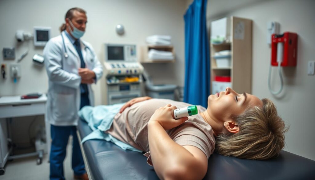 A clinical, well-lit scene depicting an emergency allergic reaction treatment. In the foreground, a person lies on an exam table, clutching an epinephrine auto-injector. Their face is flushed, and their breathing appears labored. A healthcare professional stands nearby, ready to administer the lifesaving medication. In the background, medical equipment and supplies are neatly arranged, conveying a sense of preparedness and urgency. The overall atmosphere is one of calm professionalism, with a soft, diffused lighting that highlights the gravity of the situation.