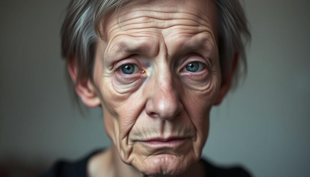 A close-up portrait of a person with progeria, a rare genetic disorder that causes accelerated aging. The subject's face is wrinkled and aged, with thin, thinning hair, and a prominent forehead. The lighting is soft and directional, casting gentle shadows that accentuate the subject's features. The background is blurred, with a muted, neutral color palette that emphasizes the individual's striking appearance. The overall mood is somber, reflective, and evokes a sense of the challenges faced by those living with this condition.