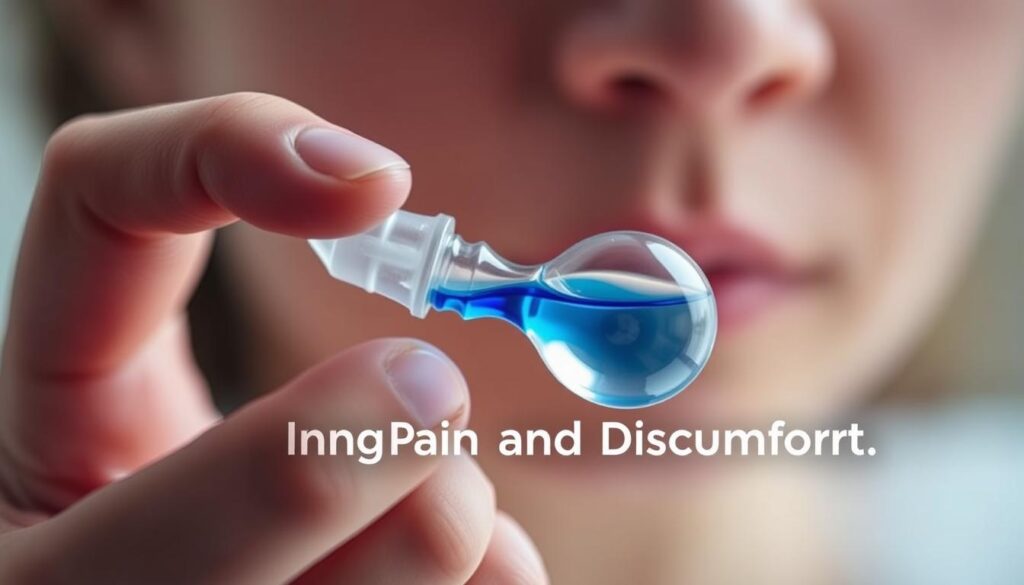 A close-up view of a person's hand delicately holding a small, clear balloon filled with a blue liquid, representing the saline solution used in balloon sinuplasty. The balloon is positioned near the person's face, suggesting the medical procedure. The lighting is soft and diffused, creating a soothing, calming atmosphere. The background is blurred, keeping the focus on the balloon and the hand. The overall mood is one of gentle care and pain management, reflecting the section title "Managing Pain and Discomfort."