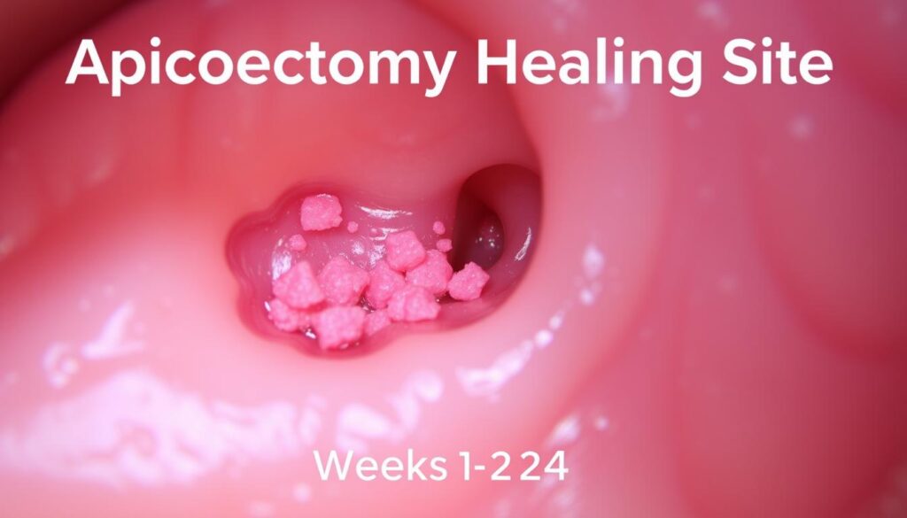 A close-up view of an apicoectomy healing site, depicting the gradual tissue regeneration process during weeks 2-4 of recovery. The image shows the surgical area with delicate pink granulation tissue forming, surrounded by healthy gum tissue in a soft, muted palette. Subtle textures and lighting create a sense of depth, as if viewed through a dental microscope. The scene conveys a sense of progress and natural healing, with the area appearing clean, slightly moist, and steadily improving over time.
