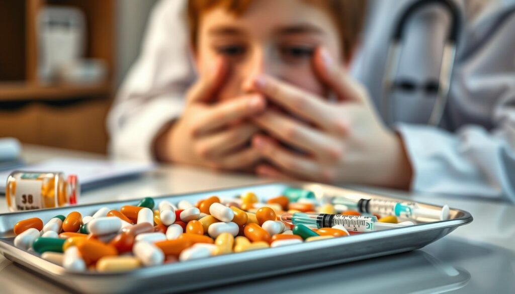 A close-up view of various treatment options for progeria, a rare genetic disorder that causes rapid aging. In the foreground, a tray holds a mix of pills, capsules, and syringes, representing the pharmaceutical interventions used to manage the condition. In the middle ground, a doctor's hands examine a patient's face, highlighting the importance of personalized medical care. The background is softly blurred, conveying a sense of focus on the critical details of progeria treatment. The lighting is warm and gentle, creating an atmosphere of hope and compassion. The composition emphasizes the multifaceted approach to managing this complex and challenging disease.