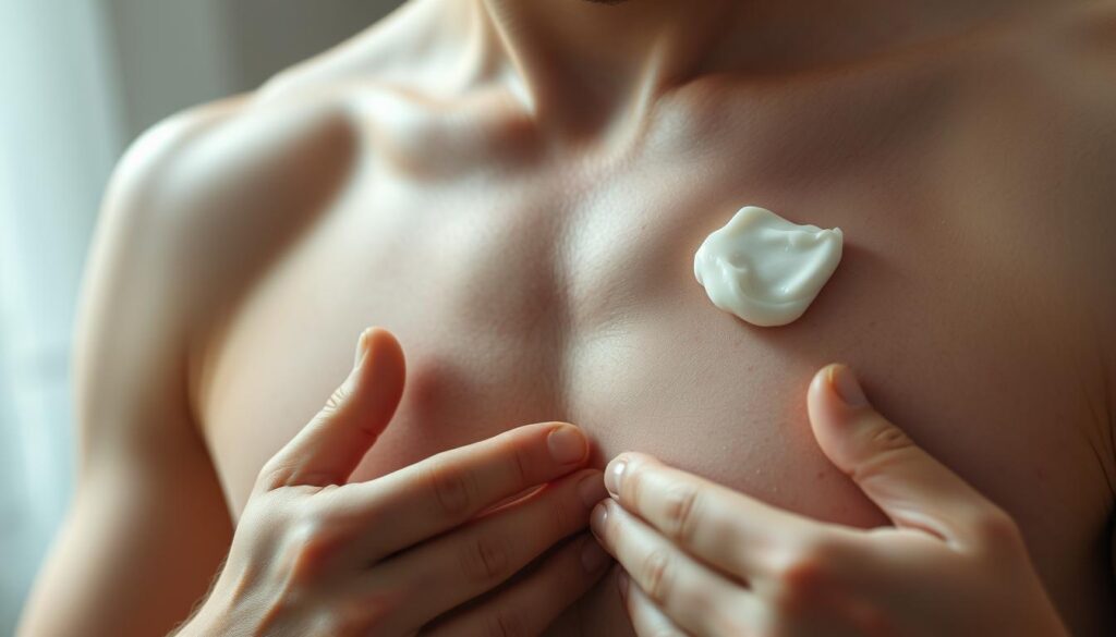 A closeup view of a person's chest, showcasing the healing process after top surgery. The skin is slightly pink and tender, with delicate scar tissue visible along the incision lines. The lighting is soft and diffused, creating a soothing, intimate atmosphere. In the foreground, the person's hands gently apply a specialized scar care cream, massaging it into the sensitive area. The background is blurred, allowing the focus to remain on the self-care ritual. The overall mood is one of care, healing, and the gradual restoration of a post-operative body.