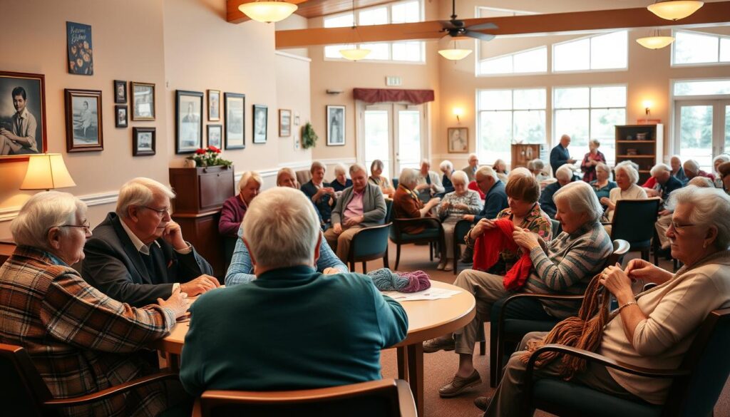 A cozy community center filled with senior adults engaged in a lively social activity. In the foreground, a group of elderly men and women sitting around a table, playing a board game and chatting animatedly. Warm lighting casts a welcoming glow, and the walls are adorned with vibrant artwork and photographs celebrating the seniors' lives. In the middle ground, a knitting circle gathers in comfortable chairs, their fingers deftly manipulating colorful yarn. The background reveals a spacious room with large windows, allowing natural light to stream in and creating a sense of openness and connection to the outside world. The overall atmosphere exudes a sense of belonging, camaraderie, and active engagement, countering the common challenges of social isolation and ageism that many seniors face.
