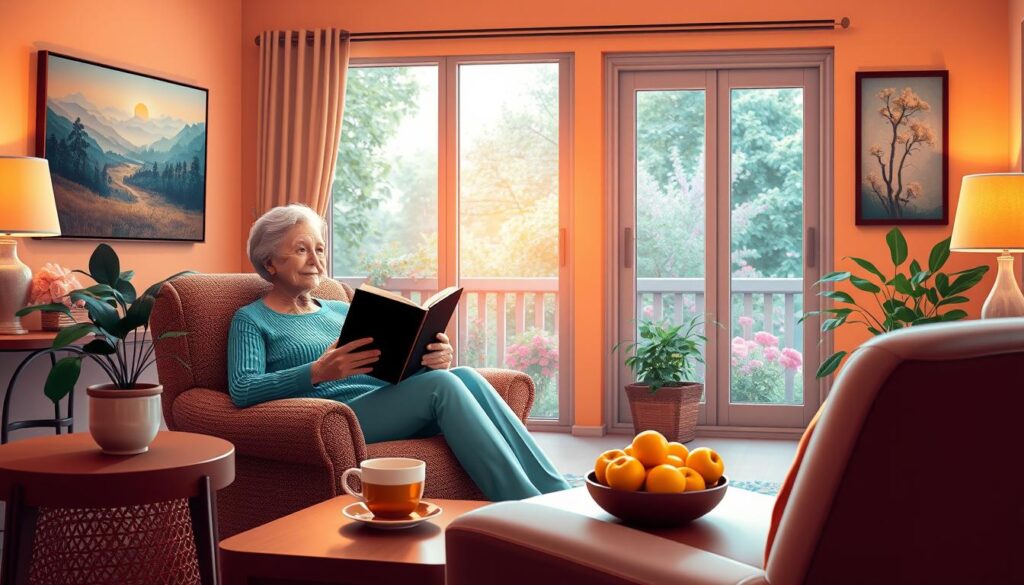 A cozy living room with warm lighting, a senior figure sitting comfortably on a plush armchair, engrossed in a book. Nearby, a cup of tea and a bowl of fresh fruit, symbolizing self-care. On the walls, soothing nature-inspired artwork. In the background, a large window overlooking a tranquil garden, offering a serene view. The overall atmosphere conveys a sense of relaxation, mindfulness, and mental well-being, reflecting strategies for coping with the mental health challenges of aging.