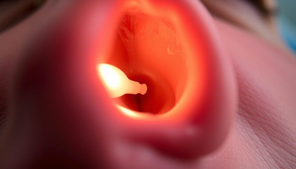 A detailed close-up view of a person's nasal cavity, illuminated by soft, natural lighting. The image showcases the internal structure of the nasal passages, highlighting the gently inflated nasal tissues and the presence of a small medical device, likely a balloon, within the sinus cavity. The scene conveys a sense of medical care and recovery, with a calming, clinical atmosphere. The focus is on the intricate anatomy of the nose, providing a visual reference for proper nasal care during the post-balloon sinuplasty recovery process.