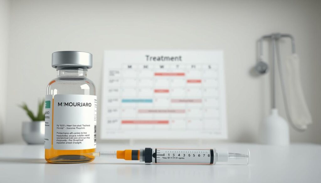 A detailed, professional-looking Mounjaro treatment plan with a clean, clinical aesthetic. The foreground shows a medicine bottle and injection pen, rendered with a high level of realism and attention to fine details. The middle ground depicts a medical chart or calendar to illustrate the treatment schedule. The background features a serene, minimalist medical setting with neutral colors and subtle lighting to create a calming, trustworthy atmosphere. Capture the sense of a comprehensive, well-organized therapy plan that inspires confidence in the viewer.