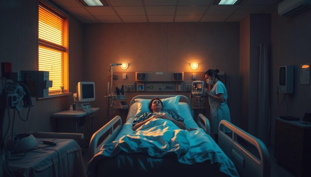 A dimly lit hospital room, with warm golden lighting filtering through the windows. In the center, a patient rests comfortably in a hospital bed, surrounded by medical equipment and monitoring devices. The room is clean and orderly, with subtle textures on the walls and bedding. Nurses and doctors move about, tending to the patient's needs with care and compassion. The atmosphere is one of tranquility and healing, reflecting the patient's journey towards recovery. The camera angle is slightly elevated, capturing the scene with a sense of intimacy and attention to detail.