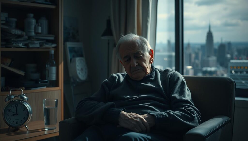 A dimly lit room, the air heavy with exhaustion. In the foreground, an elderly person sits slumped in a chair, their face weary, eyes sunken. Surrounding them, a diverse array of factors contributing to their fatigue - a cluttered medication cabinet, a sleep-disrupting clock, a half-empty glass of water, and a smart device emitting a soft blue glow. In the background, a blurred landscape of a bustling city, a metaphor for the demanding lifestyle that compounds their condition. The lighting is somber, casting long shadows that accentuate the subject's profound weariness. The lens captures this scene with a sense of melancholy, inviting the viewer to empathize with the older adult's struggle and better understand the multifaceted nature of fatigue in the elderly.