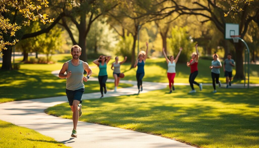 A group of people engaged in various physical activities in a vibrant, sun-drenched park. In the foreground, a jogger runs along a winding path, their stride dynamic and purposeful. In the middle ground, a yoga class flows through a series of poses, their movements fluid and graceful. In the background, a basketball game unfolds, the players' bodies in motion, the ball arcing through the air. The scene is bathed in warm, golden light, creating a sense of energy and vitality. The overall atmosphere conveys the joy and health benefits of regular physical activity.