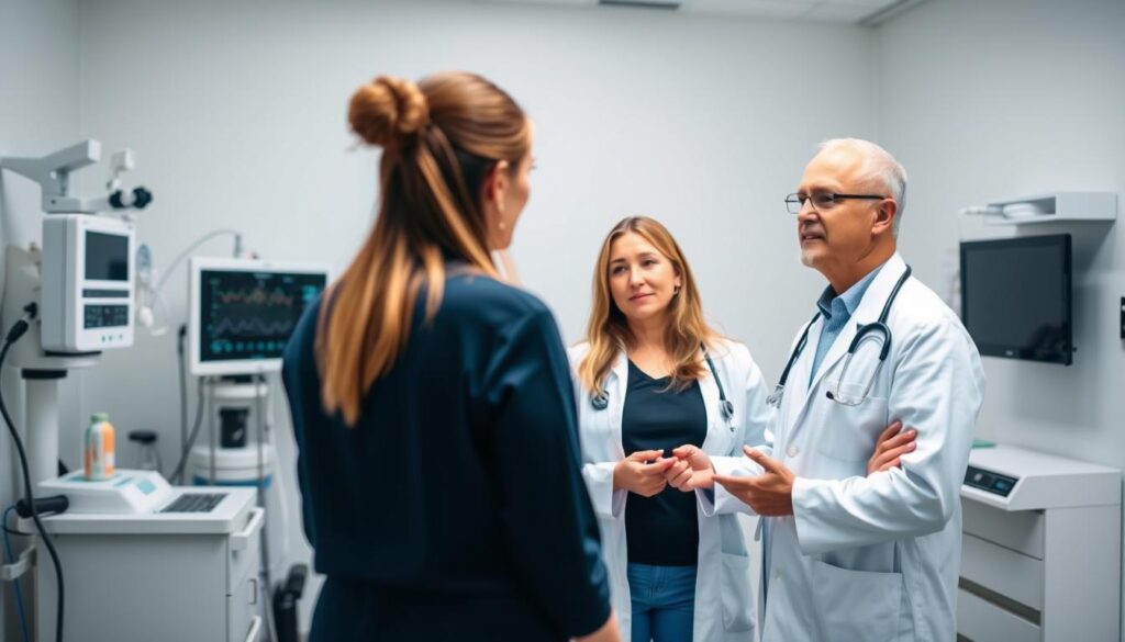A high-quality, personalized medical weight loss program in a modern, well-equipped clinic. In the foreground, a medical professional consults with a patient, discussing their specific needs and goals. The middle ground showcases various diagnostic tools and monitoring devices, reflecting the comprehensive approach. In the background, a serene, minimalist environment with natural lighting suggests a calming, supportive atmosphere. The overall scene conveys a sense of expertise, individualized care, and a holistic, science-based approach to sustainable weight management.
