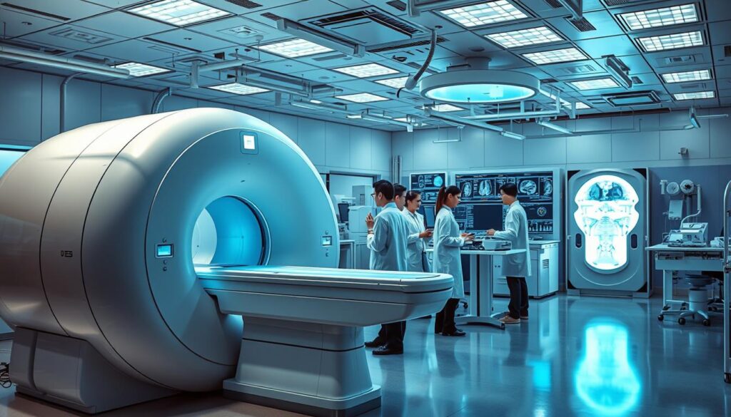 A high-tech medical laboratory filled with state-of-the-art equipment. In the foreground, a sleek and futuristic CT scanner, its curved design gleaming under the soft, diffused lighting. In the middle ground, a group of technicians in crisp white lab coats intently monitoring digital displays, analyzing cutting-edge data. The background reveals an array of advanced diagnostic devices, their purpose radiating an aura of scientific innovation. The scene exudes a sense of precision, efficiency, and the unwavering commitment to delivering premier medical imaging capabilities.