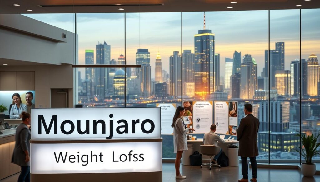 A modern medical clinic set against a backdrop of a bustling city skyline. In the foreground, a warm and welcoming reception area with a large, backlit sign displaying the words "Mounjaro Weight Loss". Patients engage with helpful staff, while sleek medical equipment and soothing decor create an atmosphere of professionalism and care. The middle ground features a consultation room, where a doctor discusses treatment options with a patient, surrounded by informative displays about Mounjaro's benefits. The background showcases the vibrant urban landscape, hinting at the accessibility and convenience of this specialized weight loss service.