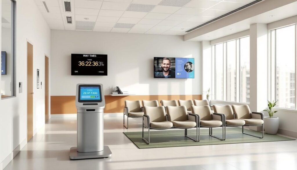 A modern, minimalist medical waiting room with comfortable seating and a digital display board that shows real-time estimated wait times. Bright, natural lighting filters in through large windows, creating a calming, inviting atmosphere. The room is designed with clean lines, muted colors, and subtle accents to convey efficiency and organization. In the foreground, a digital kiosk allows patients to check in quickly and view updated wait time estimates. The middle ground features a waiting area with plush, ergonomic chairs arranged in a fluid, intuitive layout. In the background, a digital signage system displays helpful information to patients, including current wait times, clinic announcements, and educational content.