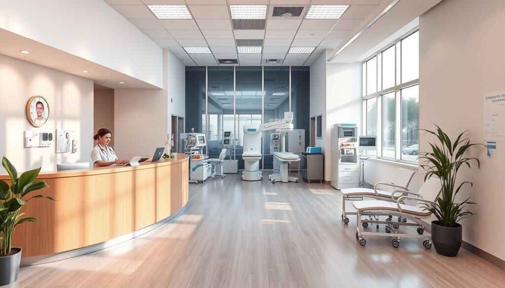 A modern, well-equipped medical facility set against a backdrop of professional, serene ambiance. In the foreground, a reception desk staffed by attentive healthcare professionals, exuding a calming and efficient atmosphere. The middle ground showcases state-of-the-art diagnostic equipment and examination rooms, conveying the breadth of comprehensive services offered. The background depicts a soothing, contemporary interior design with natural lighting streaming through large windows, creating a sense of openness and wellness. Crisp, clean lines, muted color palettes, and subtle branding elements subtly reinforce the clinic's commitment to excellence in medical care.
