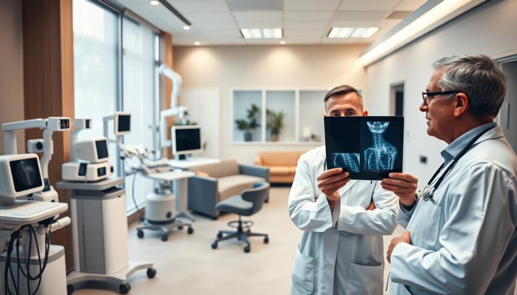 A modern, well-equipped orthopedic clinic with a warm, inviting atmosphere. In the foreground, a team of skilled orthopedic specialists attentively examining a patient's X-ray, their faces reflecting deep concentration and expertise. The middle ground showcases state-of-the-art medical equipment and devices, neatly arranged and ready for use. In the background, a serene waiting area with comfortable seating and soothing decor, conveying a sense of care and comfort for patients. Soft, natural lighting illuminates the scene, creating a calming and reassuring ambiance. The overall impression is one of exceptional medical care, meticulous attention to detail, and a commitment to patient wellbeing.