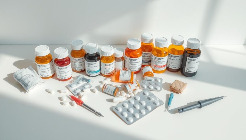 A neatly arranged assortment of prescription medication bottles, blister packs, and medical instruments on a clean, light-colored surface. The scene is illuminated by soft, natural lighting, creating a sense of calm and professionalism. The medications are prominently displayed, with labels and dosage information clearly visible, conveying the importance of understanding proper usage during pregnancy. The overall composition is balanced and visually appealing, drawing the viewer's attention to the central topic of safe medication use for expectant mothers.