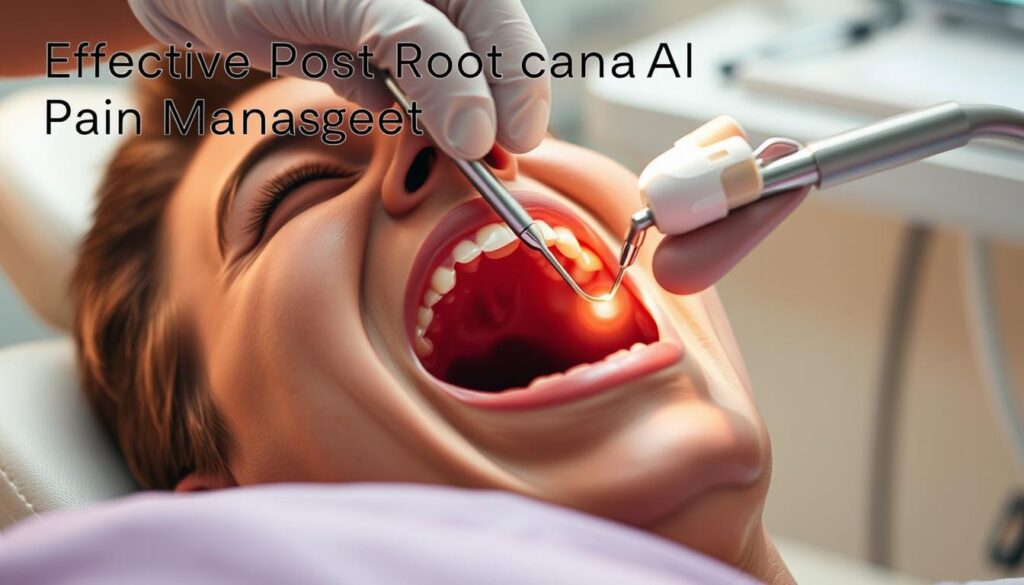 A patient reclining in a dentist's chair, their mouth open as a dentist's hand carefully manipulates a dental instrument near the exposed root canal. The scene is bathed in a warm, calming lighting, with a subtle blur in the background to focus attention on the procedure. The patient's expression conveys a sense of discomfort, but also trust in the dentist's expertise. The dental tools and equipment are rendered with precise detail, conveying the technical nature of the procedure. The overall atmosphere evokes a sense of professionalism and care, reflecting the "Effective Post Root Canal Pain Management" theme.