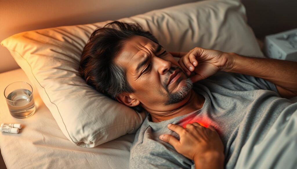 A patient reclining on a bed, their face etched with discomfort as they gently touch the area around a recent apicoectomy surgery. The lighting is soft, casting a warm glow that accentuates the tension in their expression. In the background, a bedside table holds a glass of water and some pain medication, hinting at the ongoing recovery process. The scene conveys a sense of vulnerability and the critical importance of managing pain during this delicate healing period.