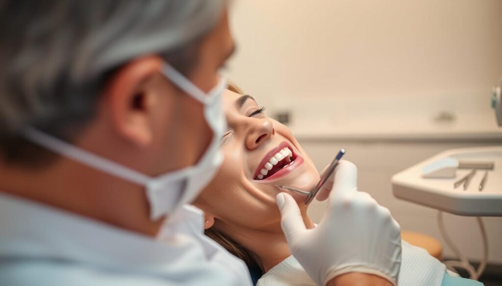 A patient sits in a dentist's chair, their mouth slightly open as a dentist examines their tooth. The lighting is soft and warm, creating a calming atmosphere. The dentist's face is focused, their tools meticulously positioned on a tray nearby. In the background, a sterile, modern dental office with clean, white walls and equipment. The patient's expression conveys a mixture of discomfort and relief, knowing that the root canal procedure is complete and the healing process has begun.