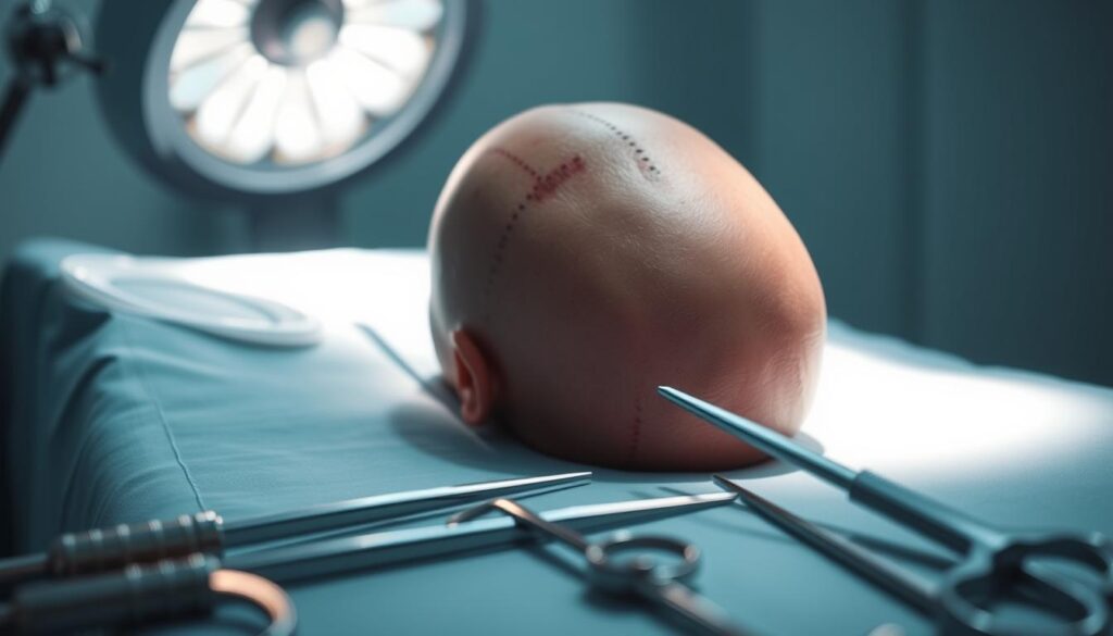 A patient's head, partially shaved, rests on a pristine surgical table under bright, clinical lighting. The skin is meticulously marked with dotted lines, indicating the incision site for a Chiari malformation surgery. In the foreground, surgical instruments glint ominously, a stark reminder of the delicate and complex procedure to come. The atmosphere is one of hushed anticipation, as the medical team prepares to address the potentially debilitating neurological complication. The image conveys the gravity of the situation and the need for vigilant monitoring of any post-operative complications.