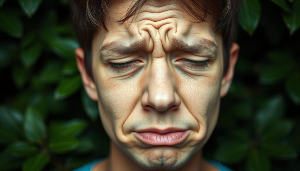 A person's face with puffy, reddened eyes, a runny nose, and a pained expression, set against a blurred background of lush, green foliage. Soft, diffused lighting illuminates the subject, emphasizing the discomfort and irritation of allergy symptoms. The composition focuses on the close-up details of the face, capturing the subtle nuances of the reaction. The lens is set to a shallow depth of field, creating a sense of intimacy and drawing the viewer's attention to the subject's distressed features. The overall mood is one of empathy and understanding, reflecting the universality of the allergy experience.