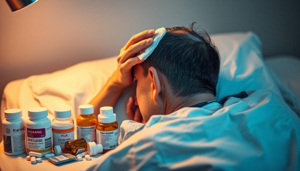 A post-operative patient resting in bed, gently applying a cold compress to the surgical site on the back of their head. Soft, warm lighting illuminates the scene, creating a soothing atmosphere. The patient's expression conveys a sense of discomfort, but also determination to manage the pain effectively. Beside the bed, a collection of pain medication, anti-inflammatory drugs, and other medical supplies are neatly arranged, symbolizing the comprehensive approach to pain management. The background is blurred, allowing the viewer to focus on the patient's experience and the tools available for their recovery.