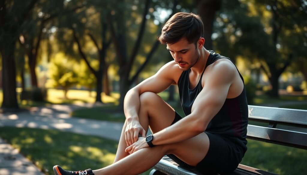 A runner sitting on a bench, examining their knee, with a focused, pensive expression. The scene is set in a sun-dappled park, with trees and greenery in the background, creating a calming, natural atmosphere. The lighting is soft and warm, highlighting the runner's face and creating a sense of introspection. The angle is slightly elevated, giving the viewer a sense of observing the moment from a distance, as if capturing a thoughtful pause in the runner's recovery process.