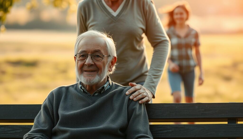 A serene landscape depicting the three stages of old age. In the foreground, a kindly elderly person sitting on a bench, their face weathered by time yet exuding a sense of contentment. Behind them, a middle-aged individual providing assistance, a gentle hand on their shoulder. In the distant background, a vibrant young person, full of energy and vigor, symbolizing the cycle of life. Soft, warm lighting bathes the scene, creating an atmosphere of compassion and understanding. The composition is balanced, with the figures arranged in a way that conveys the interconnectedness of the aging process. This image aims to visually represent the wisdom, care, and resilience inherent in the three stages of old age.