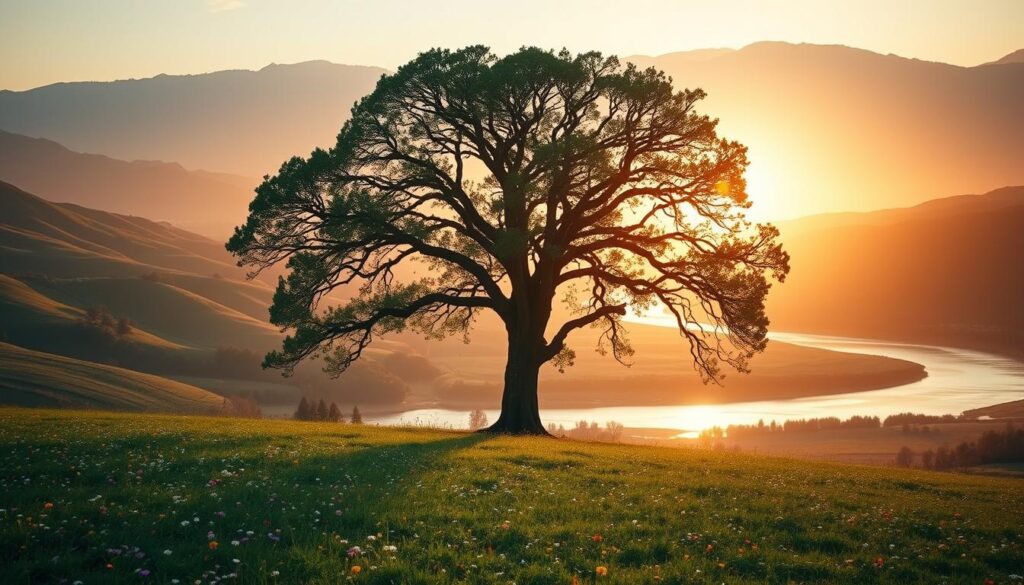 A serene landscape with a peaceful meadow in the foreground, dotted with vibrant wildflowers. In the middle ground, a majestic oak tree stands tall, its branches extending outward, representing the core values that guide the fellowship. The background features a tranquil river winding through rolling hills, with a warm, golden sunset casting a soft glow over the entire scene. The lighting is natural and diffused, creating a sense of harmony and introspection. The composition is balanced, with the oak tree positioned as the central focal point, symbolizing the foundation upon which the fellowship's values are built.