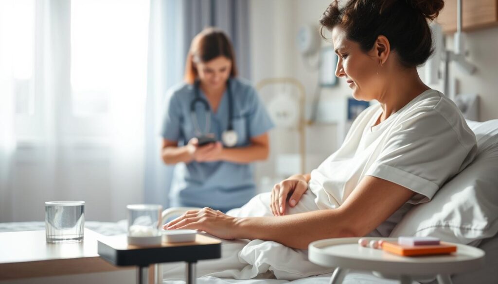 A serene, softly lit hospital room. In the foreground, a patient on a bed, their face expressing slight discomfort as they undergo gentle physical therapy exercises under the watchful eye of a compassionate physical therapist. The middle ground features a bedside table with a glass of water, pain medication, and a supportive pillow. The background subtly suggests the comforting presence of medical equipment and the care team, conveying a sense of safety and recovery. Soft, natural lighting filters in through a window, creating a calming, healing atmosphere.