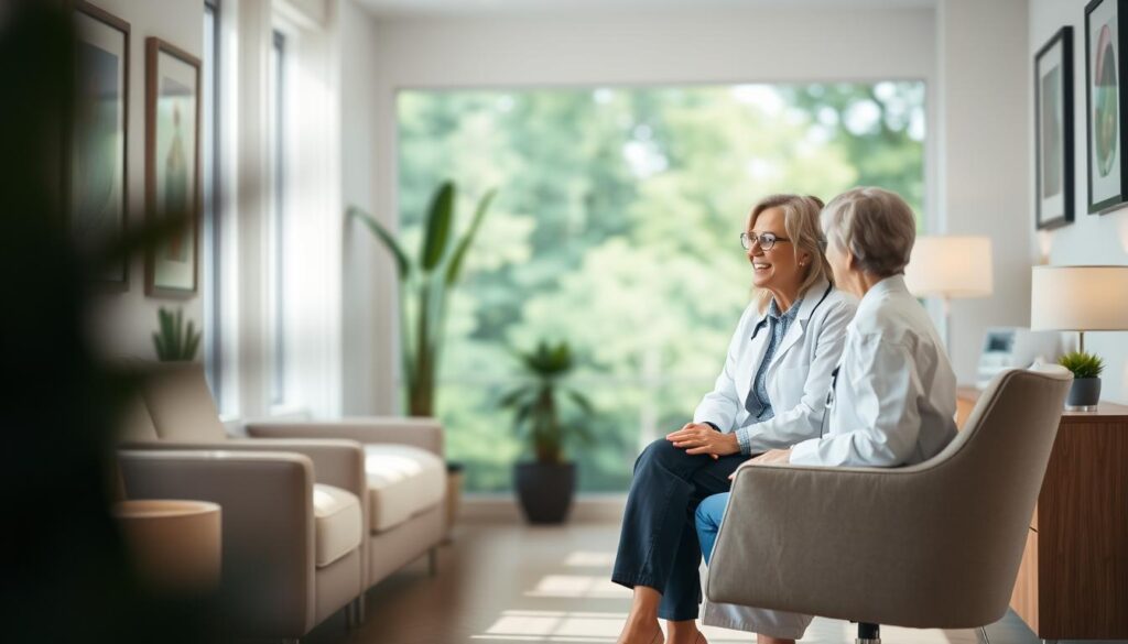 A serene, softly-lit medical office interior, with a woman in a white coat conversing warmly with a patient seated across from her. The foreground is focused on their connection, with gentle lighting highlighting their faces and body language. The mid-ground features tasteful, modern furnishings and decor, creating a calming, professional atmosphere. The background blurs into a tranquil, nature-inspired scene, conveying a sense of holistic, personalized care. The overall mood is one of trust, empathy, and tailored attention to the patient's unique needs and stage of life.
