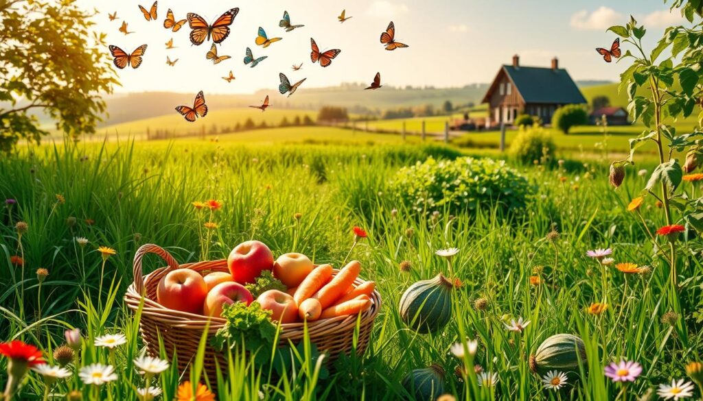 A serene, sun-dappled meadow with lush green grass and vibrant wildflowers. In the foreground, a basket overflows with ripe, juicy fruits and vegetables - apples, carrots, kale, and more. Floating above, a flock of butterflies in a kaleidoscope of colors. In the middle ground, a pair of hands gently tend to a flourishing vegetable garden, conveying the nurturing spirit of healthy living. The background features a picturesque countryside vista with rolling hills and a distant farmhouse. Soft, warm lighting bathes the scene, creating a sense of tranquility and wellbeing. The overall mood is one of natural abundance, balance, and a celebration of wellness.