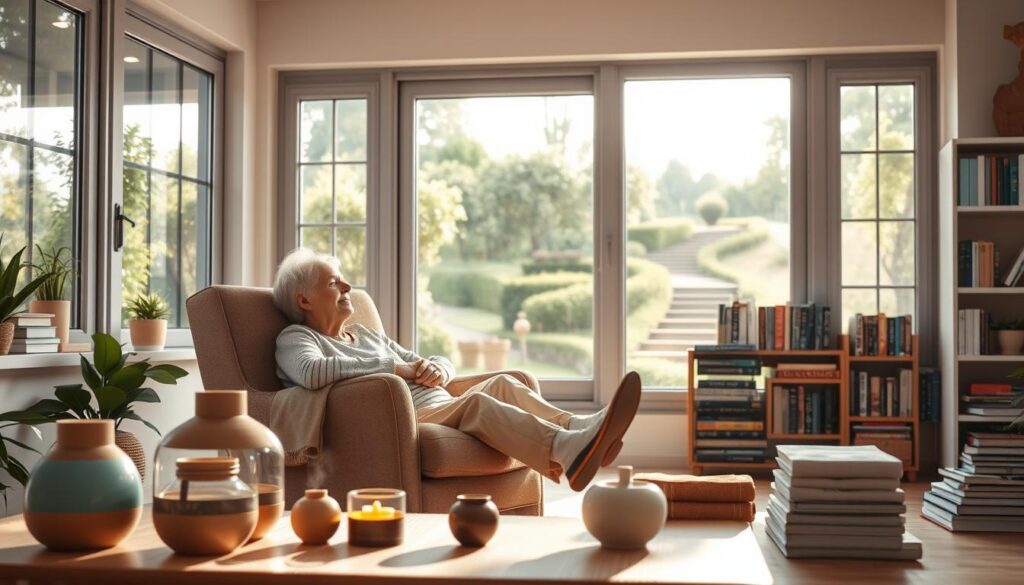 A serene, sun-filled room with large windows overlooking a tranquil garden. An elderly person sits comfortably in a plush armchair, eyes closed, with an expression of deep relaxation. Soft, natural lighting bathes the scene, creating a warm, soothing atmosphere. In the foreground, a variety of holistic wellness items are arranged, such as aromatherapy diffusers, meditation cushions, and herbal tea. The middle ground features a cozy reading nook with shelves of self-help books on wellness and mindfulness. The background depicts a lush, verdant garden with a winding path, inviting the viewer to step outside and reconnect with nature. The overall scene conveys a sense of balance, rejuvenation, and a holistic approach to managing fatigue in the elderly.