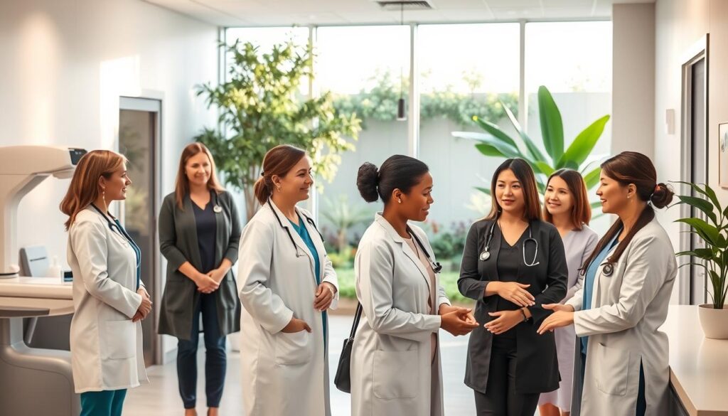 A serene, well-equipped medical facility with a warm, welcoming atmosphere. In the foreground, a group of diverse, compassionate female healthcare professionals greet a patient with empathy and care. The middle ground showcases state-of-the-art diagnostic equipment and private examination rooms, while the background features a tranquil garden oasis, providing a calming, holistic environment. Soft, natural lighting filters through large windows, creating a soothing ambiance. The scene conveys the highest standards of personalized, comprehensive women's healthcare, where every patient feels respected, supported, and prioritized.