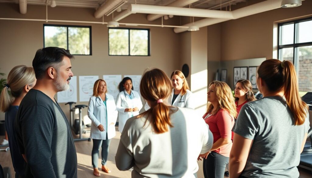 A spacious, well-equipped weight loss clinic interior, bathed in warm, natural lighting pouring through large windows. In the foreground, a group of patients engaged in an interactive group discussion, their faces radiating determination. In the middle ground, a team of compassionate, attentive medical professionals guiding them through a comprehensive program, tailored charts and diagrams displayed on the walls. The background showcases state-of-the-art exercise equipment and modern, calming decor, creating an atmosphere of support and empowerment. The overall scene conveys a sense of hope, progress, and a holistic approach to sustainable weight loss.