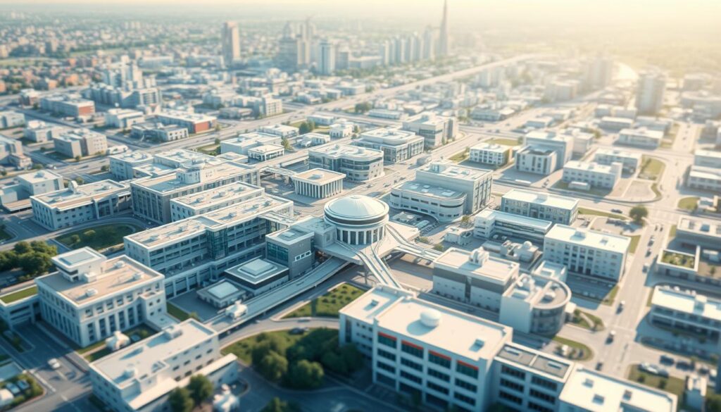 A sprawling network of interconnected medical facilities and professionals, depicted in a crisp, clean style. The foreground showcases a central hub of modern hospitals, clinics, and doctor's offices, connected by a web of pathways and transportation links. In the middle ground, smaller satellite facilities and specialty centers radiate outward, creating a comprehensive healthcare ecosystem. The background features a softly blurred cityscape, hinting at the urban environment the network serves. The overall scene conveys a sense of efficiency, accessibility, and the seamless integration of various healthcare resources under a cohesive system. Bright, natural lighting casts a warm, reassuring glow across the entire composition.