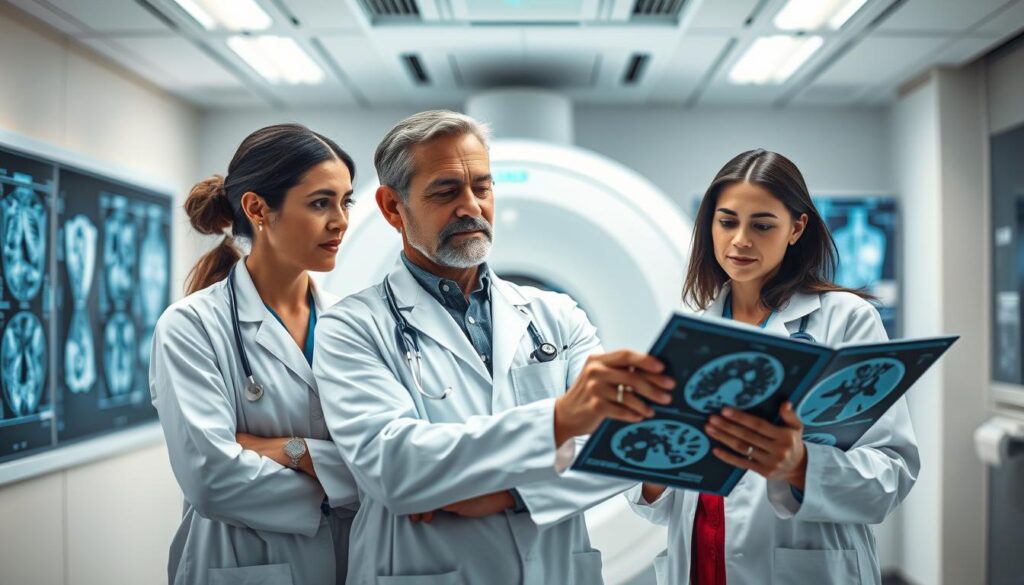 A team of expert radiologists in a state-of-the-art medical imaging facility. They stand confidently, lab coats crisp, studying detailed scans with intense focus. The lighting is soft and professional, highlighting their expertise. The background is clean and modern, conveying a sense of cutting-edge technology. Subtle depth of field blurs the periphery, drawing the viewer's attention to the radiologists' faces, intense yet reassuring. Their expressions reflect deep medical knowledge and a commitment to providing the most advanced diagnostic care.