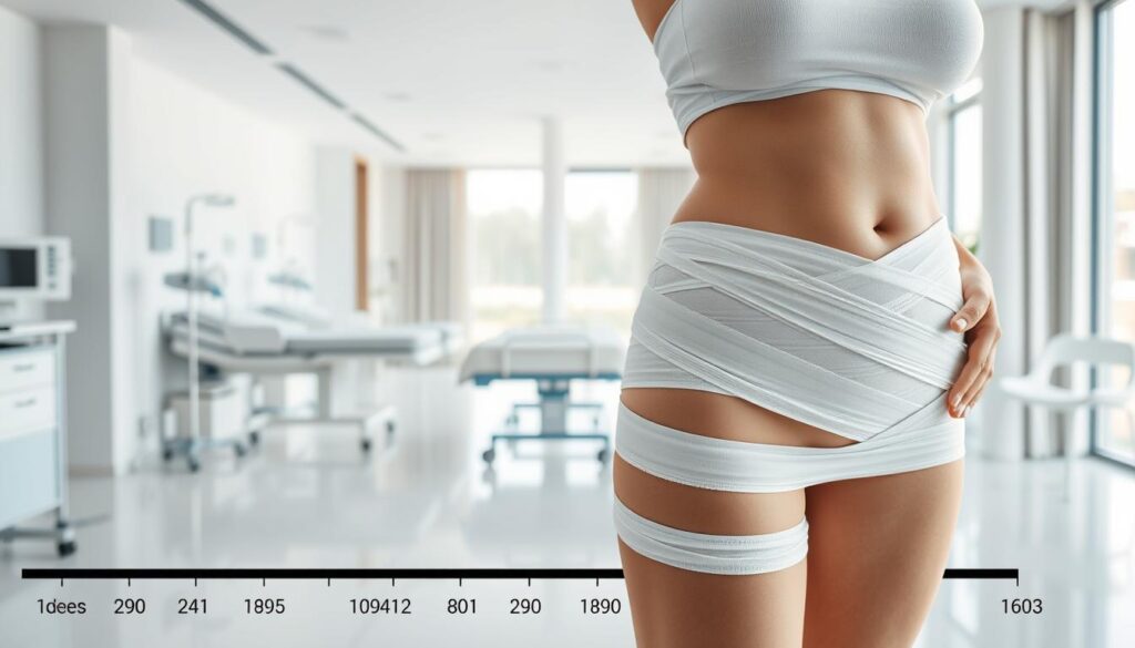 A timeline depicting the recovery stages after a tummy tuck procedure. Foreground shows a person's midsection wrapped in bandages, gradually transitioning from post-surgical to fully healed over the course of several weeks. Middle ground features a minimalist medical environment with hospital beds and equipment. Background showcases a serene, modern interior with plenty of natural light, creating a calming atmosphere. Lighting is soft and diffused, emphasizing the delicate nature of the recovery process. Lens is wide-angle to capture the full timeline in a single frame. The overall mood conveys the gradual return to normalcy and daily activities following the tummy tuck surgery.