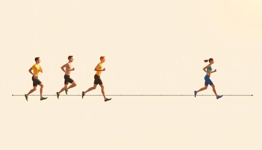 A timeline illustration depicting the recovery stages of a runner's knee injury. In the foreground, a series of human figures in motion, each representing a different phase of the rehabilitation process - from initial injury and swelling, to gradual restoration of strength and mobility, culminating in the runner returning to full activity. The middle ground features a clean, minimalist layout with subtle lines and shapes, conveying a sense of progress and healing. The background is a soft, muted gradient, allowing the focus to remain on the central narrative. Warm, natural lighting casts a hopeful glow, and the overall composition maintains a balanced, informative aesthetic suitable for a medical or fitness publication.