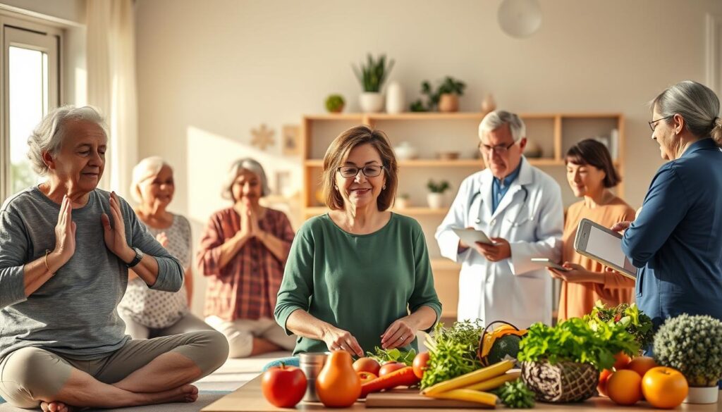 A vibrant, well-lit scene depicting various innovative chronic disease prevention strategies. In the foreground, a diverse group of elderly individuals engaged in gentle exercise and mindfulness practices. The middle ground showcases healthy meal preparation, with fresh produce and culinary tools. In the background, medical professionals consult with patients, demonstrating cutting-edge remote monitoring and telehealth technologies. The lighting is warm and natural, creating a calming and empowering atmosphere. The composition highlights the interconnectedness of holistic, patient-centered approaches to chronic disease prevention and management.